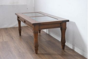 中古　美品　見せる収納!!　国産職人手作り品　上質な作り込みのガラスケース付きローテーブル(センターテーブル、リビングテーブル)(定価約30万円)(R-083177)