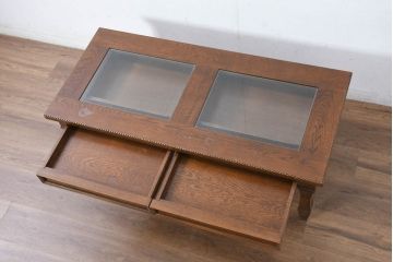 中古　美品　見せる収納!!　国産職人手作り品　上質な作り込みのガラスケース付きローテーブル(センターテーブル、リビングテーブル)(定価約30万円)(R-083177)