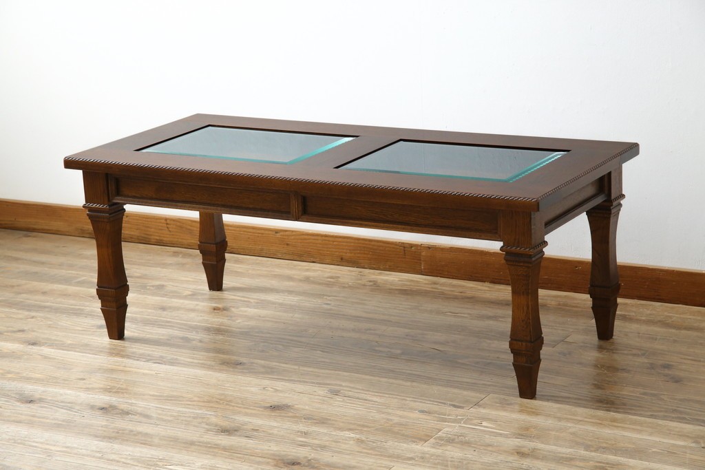 中古　美品　見せる収納!!　国産職人手作り品　上質な作り込みのガラスケース付きローテーブル　定価約30万円相当　(R-083177)