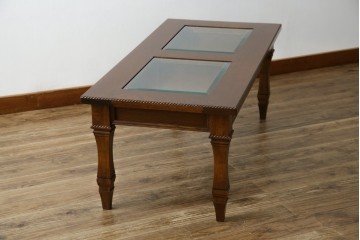 中古　美品　見せる収納!!　国産職人手作り品　上質な作り込みのガラスケース付きローテーブル　定価約30万円相当　(R-083177)