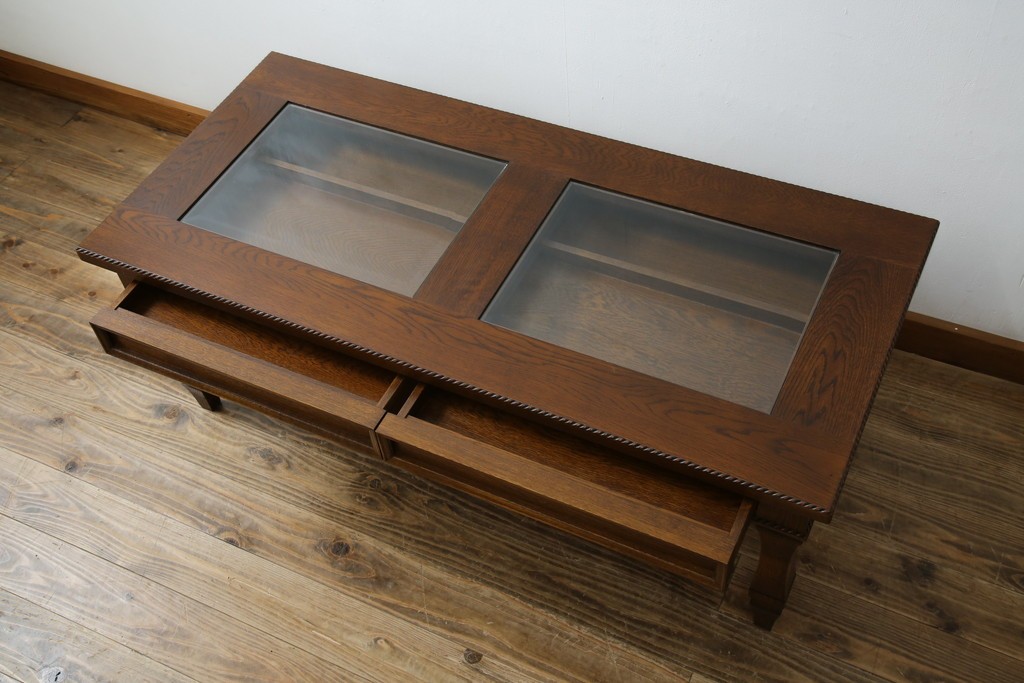 中古　美品　見せる収納!!　国産職人手作り品　上質な作り込みのガラスケース付きローテーブル　定価約30万円相当　(R-083177)