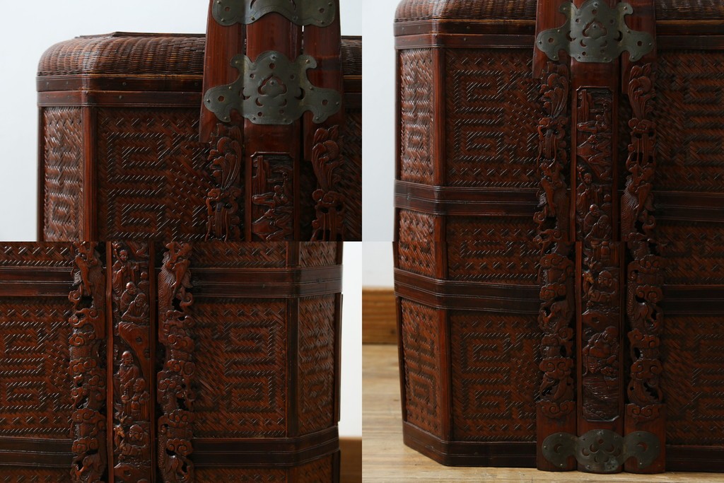 アジアンビンテージ　希少な大型サイズ　提籃(ていらん)風　職人の技が光る繊細な編み込みと透かし彫り金具が魅力的な小引き出し　(R-083183)