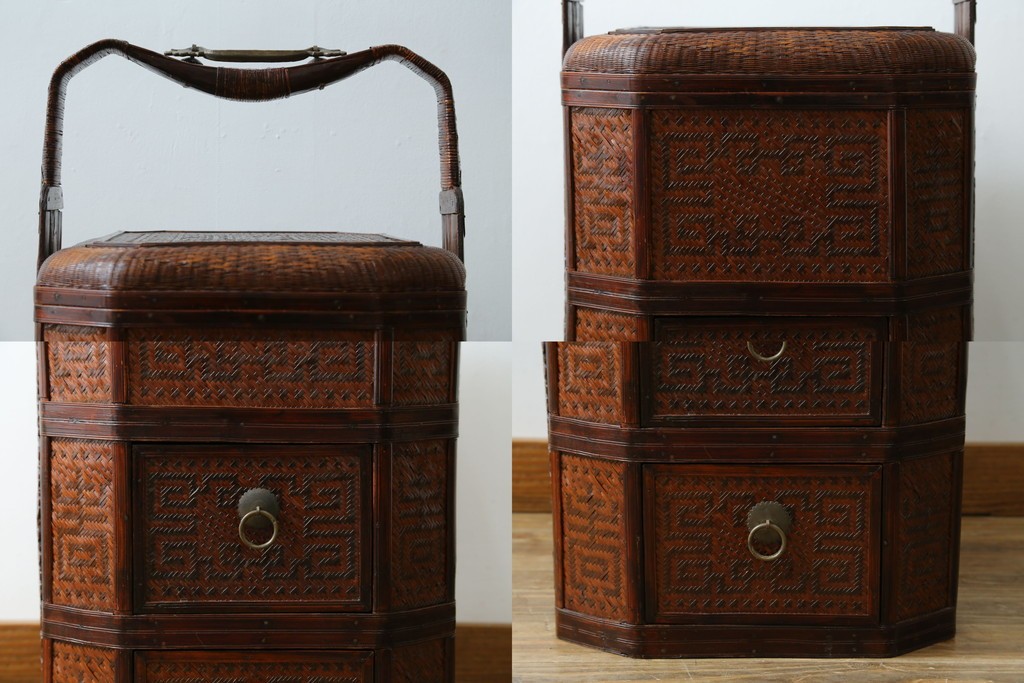 アジアンビンテージ　希少な大型サイズ　提籃(ていらん)風　職人の技が光る繊細な編み込みと透かし彫り金具が魅力的な小引き出し　(R-083183)