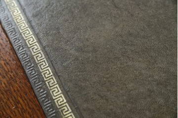 イギリスアンティーク　オーク材　真鍮(しんちゅう)製ギャラリーレール(天飾り)付き　意匠を凝らしたレザートップデスク　(R-083192)