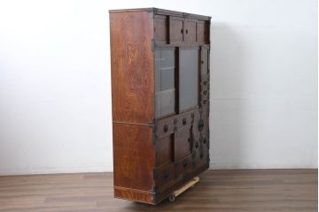 中古　美品　伝統民芸　岩谷堂箪笥　重厚感あふれる佇まいに美しい木目が印象的な茶棚(茶箪笥、収納棚、食器棚、引き出し、バラ売り可能)(R-083212)