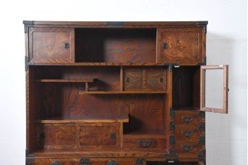 中古　美品　伝統民芸　岩谷堂箪笥　重厚感あふれる佇まいに美しい木目が印象的な茶棚(茶箪笥、収納棚、食器棚、引き出し、バラ売り可能)(R-083212)