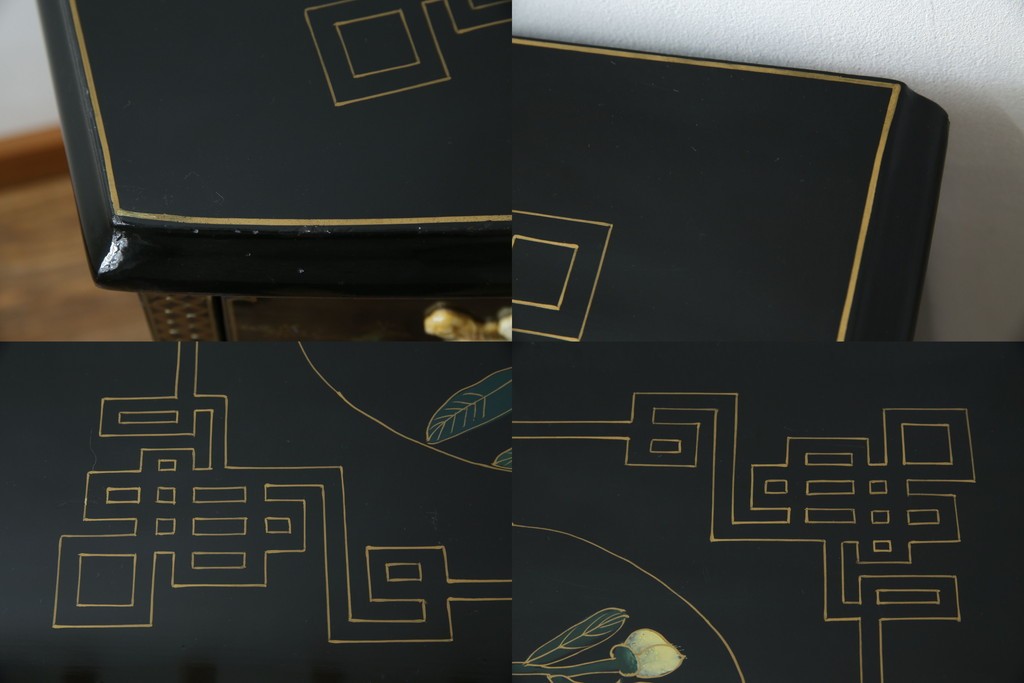 アジアンビンテージ　中国　シノワズリの美しいデザインが空間に華やかなアクセントを加える中国風チェスト　(R-083224)