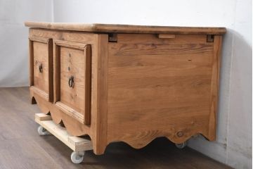 中古　イギリス輸入家具　カントリースタイル　素朴な温かみが感じられるパイン材のスライド式ベンチ収納(ブランケットボックス、コファー、収納箱、ベンチチェスト、英国)(R-083228)