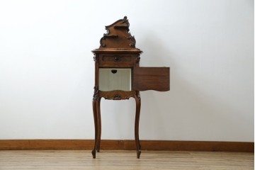 フランスアンティーク　美品!!　天板大理石　ローズウッド材　彫刻と寄木細工(パーケットリー)が織りなす気品漂うサイドキャビネット　(R-083234)