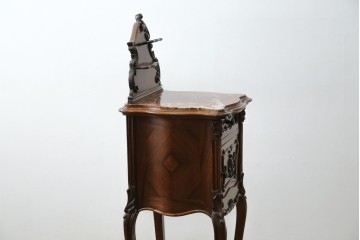 フランスアンティーク　美品!!　天板大理石　ローズウッド材　彫刻と寄木細工(パーケットリー)が織りなす気品漂うサイドキャビネット　(R-083234)