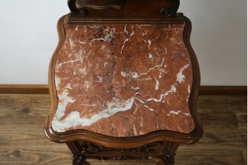 フランスアンティーク　美品!!　天板大理石　ローズウッド材　彫刻と寄木細工(パーケットリー)が織りなす気品漂うサイドキャビネット　(R-083234)