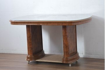 中古　美品　イタリア輸入家具　ガラス天板付き　ウォールナット材　艶のある質感が高級感と上品さを演出するオーバルダイニングテーブル(4人掛け、4人用、食卓)(R-083246)