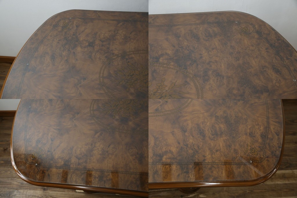中古　美品　イタリア輸入家具　ガラス天板付き　ウォールナット材　艶のある質感が高級感と上品さを演出するオーバルダイニングテーブル　(R-083246)