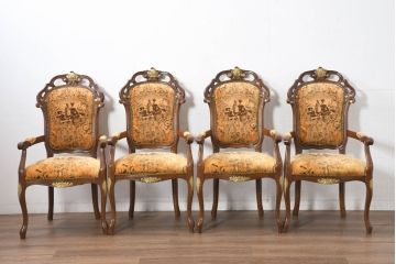 中古　美品　高級輸入家具エクセレンテ取り扱い　ウォールナットXゴールド　バロッコ(バロック)　繊細な彫刻が施された装飾が優雅な雰囲気を醸し出すアームチェア(サロンチェア、椅子、イス、バラ売り可能)(定価4脚で約49万円)(R-083247)