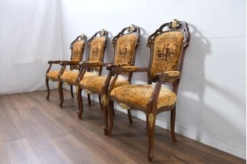 中古　美品　高級輸入家具エクセレンテ取り扱い　ウォールナットXゴールド　バロッコ(バロック)　繊細な彫刻が施された装飾が優雅な雰囲気を醸し出すアームチェア(サロンチェア、椅子、イス、バラ売り可能)(定価4脚で約49万円)(R-083247)
