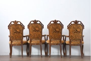 中古　美品　高級輸入家具エクセレンテ取り扱い　ウォールナットXゴールド　バロッコ(バロック)　繊細な彫刻が施された装飾が優雅な雰囲気を醸し出すアームチェア(サロンチェア、椅子、イス、バラ売り可能)(定価4脚で約49万円)(R-083247)
