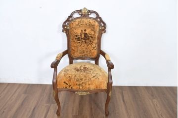 中古　美品　高級輸入家具エクセレンテ取り扱い　ウォールナットXゴールド　バロッコ(バロック)　繊細な彫刻が施された装飾が優雅な雰囲気を醸し出すアームチェア(サロンチェア、椅子、イス、バラ売り可能)(定価4脚で約49万円)(R-083247)
