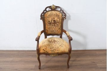 中古　美品　高級輸入家具エクセレンテ取り扱い　ウォールナットXゴールド　バロッコ(バロック)　繊細な彫刻が施された装飾が優雅な雰囲気を醸し出すアームチェア(サロンチェア、椅子、イス、バラ売り可能)(定価4脚で約49万円)(R-083247)