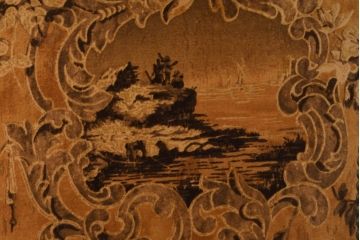 中古　美品　高級輸入家具エクセレンテ取り扱い　ウォールナットXゴールド　バロッコ(バロック)　繊細な彫刻が施された装飾が優雅な雰囲気を醸し出すアームチェア(サロンチェア、椅子、イス、バラ売り可能)(定価4脚で約49万円)(R-083247)