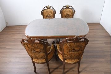 中古　美品　高級輸入家具エクセレンテ取り扱い　ウォールナットXゴールド　バロッコ(バロック)　繊細な彫刻が施された装飾が優雅な雰囲気を醸し出すアームチェア(サロンチェア、椅子、イス、バラ売り可能)(定価4脚で約49万円)(R-083247)