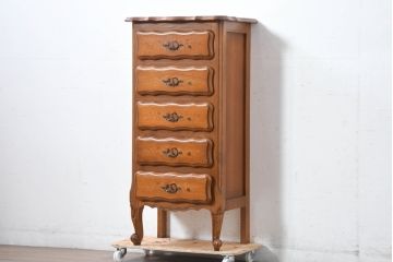 中古　イタリア輸入家具　猫脚が優美な象嵌入りの縦型チェスト(引き出し、サイドチェスト)(R-083255)