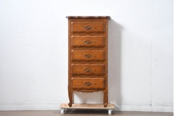 中古　イタリア輸入家具　猫脚が優美な象嵌入りの縦型チェスト(引き出し、サイドチェスト)(R-083255)