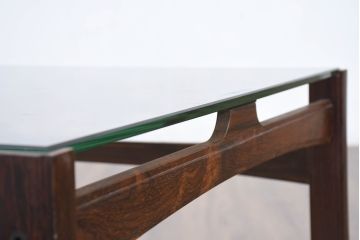 和製ビンテージ　ローズウッド　北欧デザインがおしゃれな上質な作りのブラウンガラストップローテーブル(センターテーブル、リビングテーブル、ヴィンテージ)(R-083270)