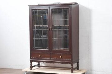 中古　美品　神戸元町欧風家具メープル不二屋製　マホガニー材の高級キャビネット(収納棚、戸棚、サイドキャビネット、飾り棚、本箱、ブックケース)(R-083272)