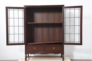 中古　美品　神戸元町欧風家具メープル不二屋製　マホガニー材の高級キャビネット(収納棚、戸棚、サイドキャビネット、飾り棚、本箱、ブックケース)(R-083272)