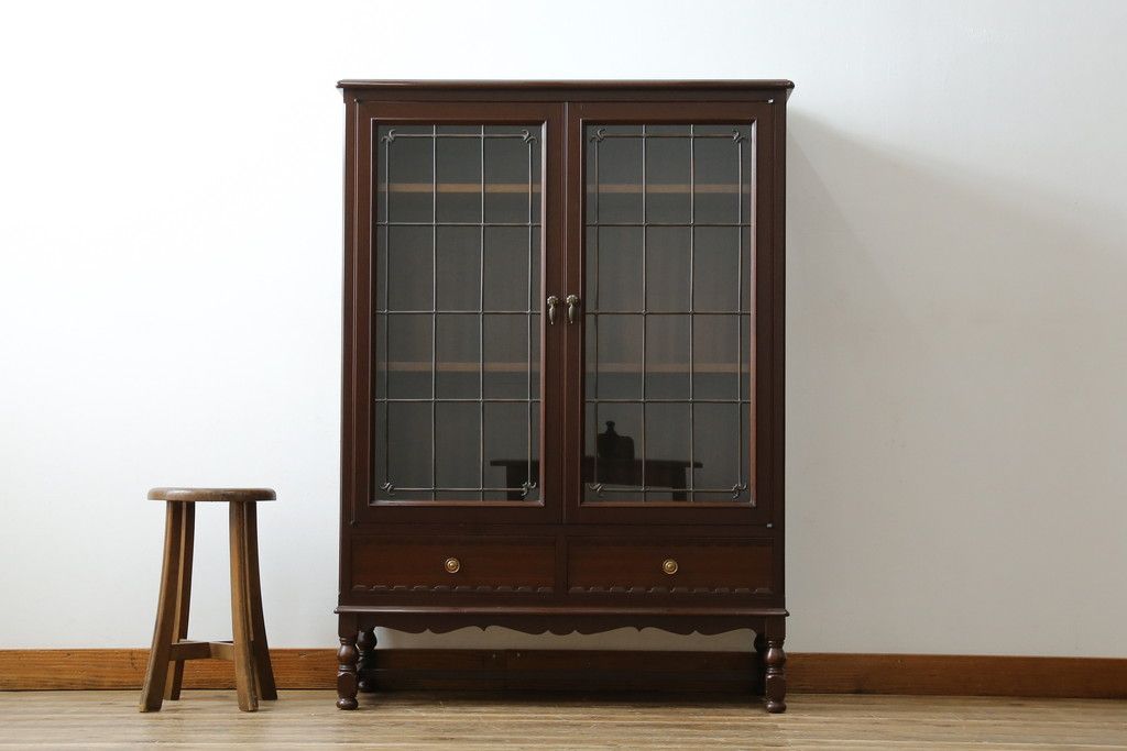 中古　美品　神戸元町欧風家具メープル不二屋製　マホガニー材の高級キャビネット(収納棚、戸棚、サイドキャビネット、飾り棚、本箱、ブックケース)(R-083272)