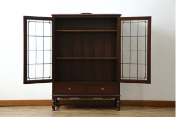 中古　美品　神戸元町欧風家具メープル不二屋製　マホガニー材の高級キャビネット(収納棚、戸棚、サイドキャビネット、飾り棚、本箱、ブックケース)(R-083272)