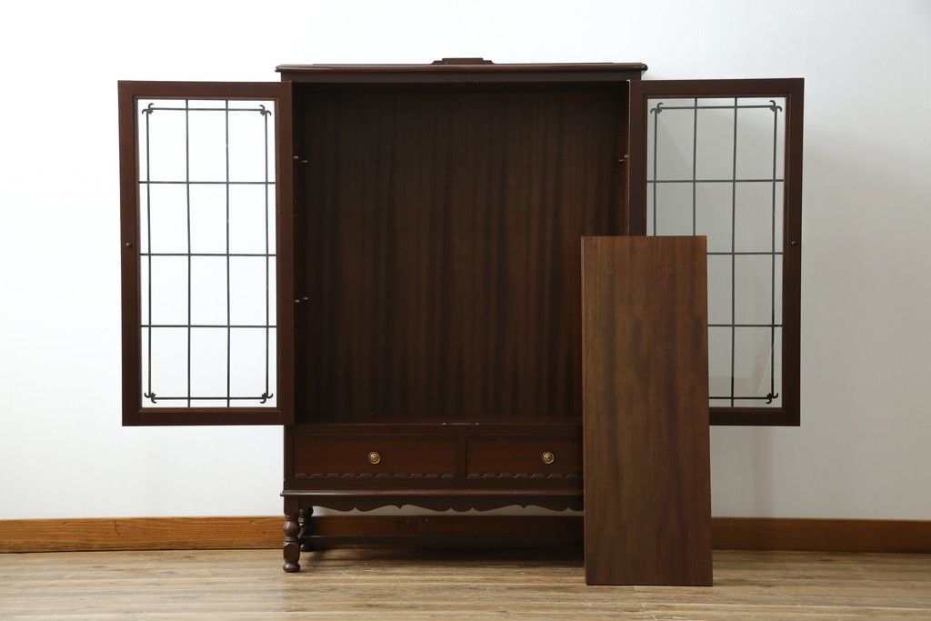 中古　美品　神戸元町欧風家具メープル不二屋製　マホガニー材の高級キャビネット(収納棚、戸棚、サイドキャビネット、飾り棚、本箱、ブックケース)(R-083272)