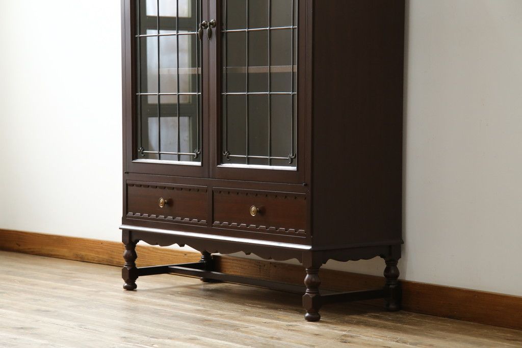 中古　美品　神戸元町欧風家具メープル不二屋製　マホガニー材の高級キャビネット(収納棚、戸棚、サイドキャビネット、飾り棚、本箱、ブックケース)(R-083272)