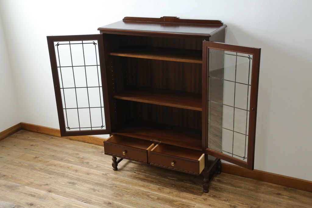 中古　美品　神戸元町欧風家具メープル不二屋製　マホガニー材の高級キャビネット(収納棚、戸棚、サイドキャビネット、飾り棚、本箱、ブックケース)(R-083272)