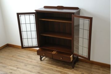 中古　美品　神戸元町欧風家具メープル不二屋製　マホガニー材の高級キャビネット(収納棚、戸棚、サイドキャビネット、飾り棚、本箱、ブックケース)(R-083272)