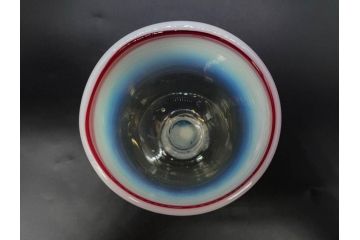 当時物　大正〜昭和初期　棗型(なつめ形)　赤縁　緑縁　乳白ぼかし　空間のアクセントになる氷コップ3点セット(ベル型?、吹きガラス、硝子、グラス、和ガラス)(R-083278)