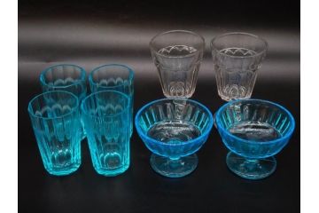 当時物　大正〜昭和初期　プレスガラス　ゴブレット　アイスクリームコップ　どこか懐かしい雰囲気の氷コップ2点&グラス6点セット(アイスクリームカップ、タンブラー、ショット、リキュール、硝子)(R-083280)