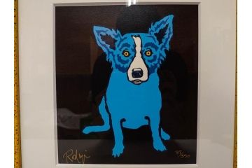 真作　ジョージ・ロドリーゲ　George Rodrigue　ブルードッグ　87/350　鮮やかな色彩と独特のタッチに惹きつけられるシルクスクリーン(絵画、版画、犬、サイン入り、額装)(R-083282)　