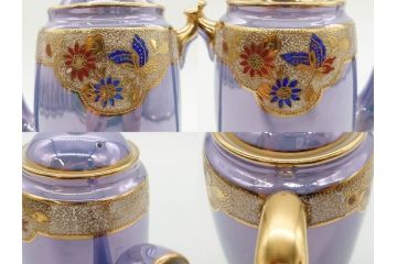 大正〜昭和初期　オールドノリタケ　NORITAKE　ラスター彩　金彩　金盛　花蝶　美しい光沢がテーブルを華やかに彩るデミタスコーヒーセット(キャビネット、ティー、ポット、クリーマー、シュガーポット、カップ&ソーサー、C&S、洋食器)(R-083292)