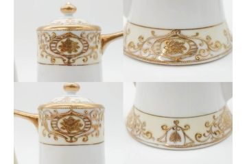 大正〜昭和初期　オールドノリタケ　NORITAKE　意匠登録　金彩　金盛　No.175　ハンドペイント　上品で華やかな佇まいのコーヒーポット・カップ&ソーサー・ソルト&ペッパーシェーカー・プレート2枚セット(デミタス、オーバル、深皿、C&S、洋食器)(R-083293)