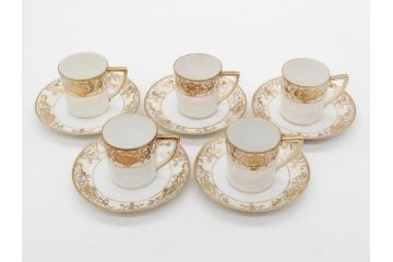 大正〜昭和初期　オールドノリタケ　NORITAKE　意匠登録　金彩　金盛　No.175　ハンドペイント　上品で華やかな佇まいのコーヒーポット・カップ&ソーサー・ソルト&ペッパーシェーカー・プレート2枚セット(デミタス、オーバル、深皿、C&S、洋食器)(R-083293)