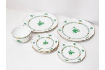 ヘレンド　ハンガリー　HEREND HVNGARY　アポニー・グリーン　スラップボール　深みのあるグリーンが食卓に落ち着きと品格をもたらすプレート6枚&ボウルセット(ディナー、パン皿、深皿、中皿、大皿、洋食器)(R-083294)