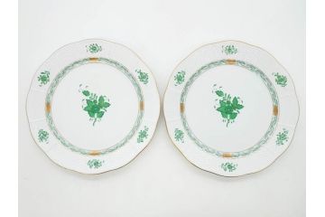 ヘレンド　ハンガリー　HEREND HVNGARY　アポニー・グリーン　スラップボール　深みのあるグリーンが食卓に落ち着きと品格をもたらすプレート6枚&ボウルセット(ディナー、パン皿、深皿、中皿、大皿、洋食器)(R-083294)