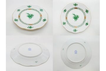 ヘレンド　ハンガリー　HEREND HVNGARY　アポニー・グリーン　スラップボール　深みのあるグリーンが食卓に落ち着きと品格をもたらすプレート6枚&ボウルセット(ディナー、パン皿、深皿、中皿、大皿、洋食器)(R-083294)