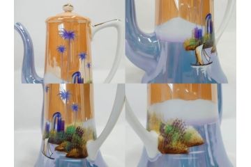 明治〜大正期　オールドノリタケ　NORITAKE　ラスター彩　金彩　コーヒーポット　デミタスカップ&ソーサー　異国情緒あふれるデザインが優雅なひとときを演出するコーヒーセット(風景、舟、船、マルキ印、オレンジ、C&S、洋食器)(R-083295)