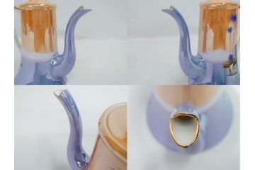 明治〜大正期　オールドノリタケ　NORITAKE　ラスター彩　金彩　コーヒーポット　デミタスカップ&ソーサー　異国情緒あふれるデザインが優雅なひとときを演出するコーヒーセット(風景、舟、船、マルキ印、オレンジ、C&S、洋食器)(R-083295)