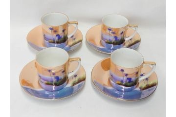 明治〜大正期　オールドノリタケ　NORITAKE　ラスター彩　金彩　コーヒーポット　デミタスカップ&ソーサー　異国情緒あふれるデザインが優雅なひとときを演出するコーヒーセット(風景、舟、船、マルキ印、オレンジ、C&S、洋食器)(R-083295)