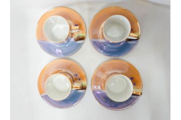 明治〜大正期　オールドノリタケ　NORITAKE　ラスター彩　金彩　コーヒーポット　デミタスカップ&ソーサー　異国情緒あふれるデザインが優雅なひとときを演出するコーヒーセット(風景、舟、船、マルキ印、オレンジ、C&S、洋食器)(R-083295)