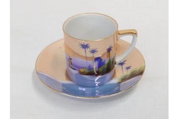明治〜大正期　オールドノリタケ　NORITAKE　ラスター彩　金彩　コーヒーポット　デミタスカップ&ソーサー　異国情緒あふれるデザインが優雅なひとときを演出するコーヒーセット(風景、舟、船、マルキ印、オレンジ、C&S、洋食器)(R-083295)