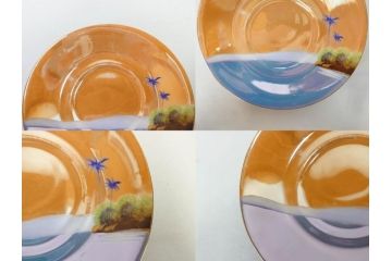 明治〜大正期　オールドノリタケ　NORITAKE　ラスター彩　金彩　コーヒーポット　デミタスカップ&ソーサー　異国情緒あふれるデザインが優雅なひとときを演出するコーヒーセット(風景、舟、船、マルキ印、オレンジ、C&S、洋食器)(R-083295)